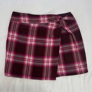 NWT LOFT Women Dark Burgundy Plaid Twist Sarong Mini Skirt, Sz 14, Y2K, Academia